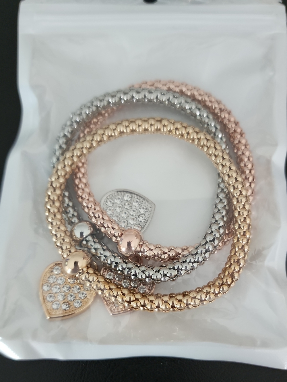 Three-Tone Heart Charm Stretch Bracelet Set - Rose Gold, Gold & Silver